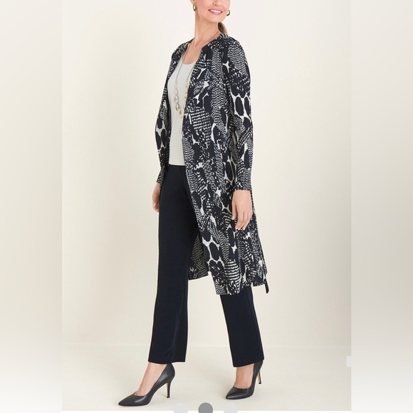 $148 Chicos Travelers Pleated Printed Duster Lightweight Jacket Navy Sz 0 4/6 - Picture 1 of 9